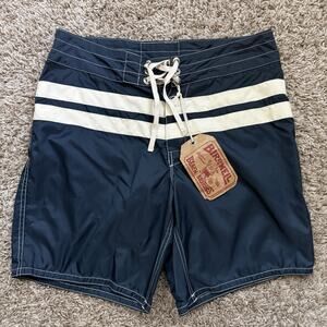 NWT Birdwell 300 Comp Stripe Navy Blue / Bone White Swim Trunks Shorts Size 30